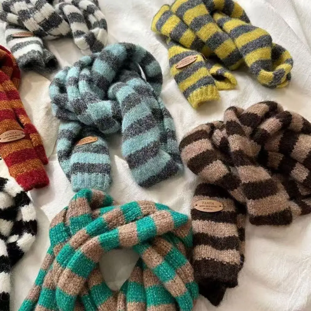Korean Style Black Grey Stripe Women Long Scarves Cotton Knitted Y2K Girl Scarf Warm Neck Slim Skinny Scarf Fashion Streetwear