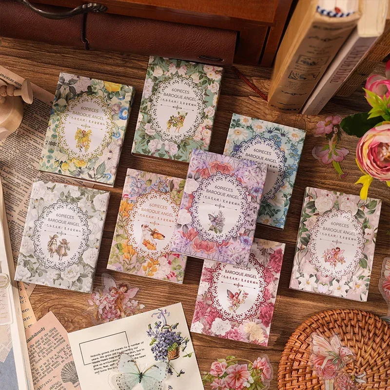 60pcs/pack Scrapbooking Journal DIY Baroque Angel Butterfly PET Stickers Scrapbooking Flower Faerie Journal Card Vintage sticker
