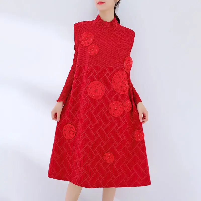 

2022 Fall Miyake Pleated Beaded Dress Loose High-end Temperament Vintage Embroidery Dresses Loose A-line Skirt Fashion