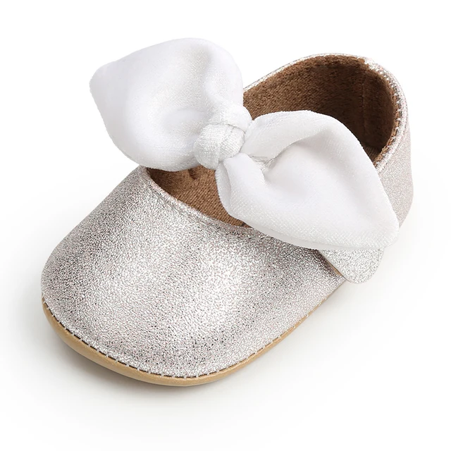 Newborn Baby Shoes Baby Boy Girl Shoes Girl Classic Bowknot Rubber Sole Anti-slip PU Dress Shoes First Walker Toddler Crib Shoes Silver-New