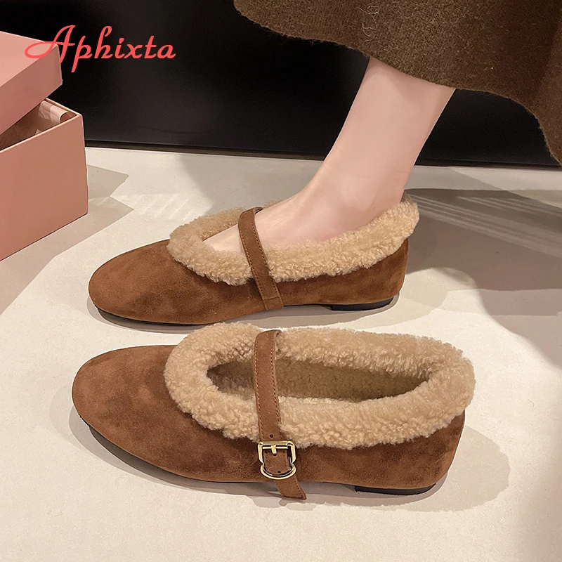Aphixta Slip On Furry Woman Flat With Shoes Buckle Shallow Winter Warm Woman Shoes Fashion Flats Casual Mary Janes