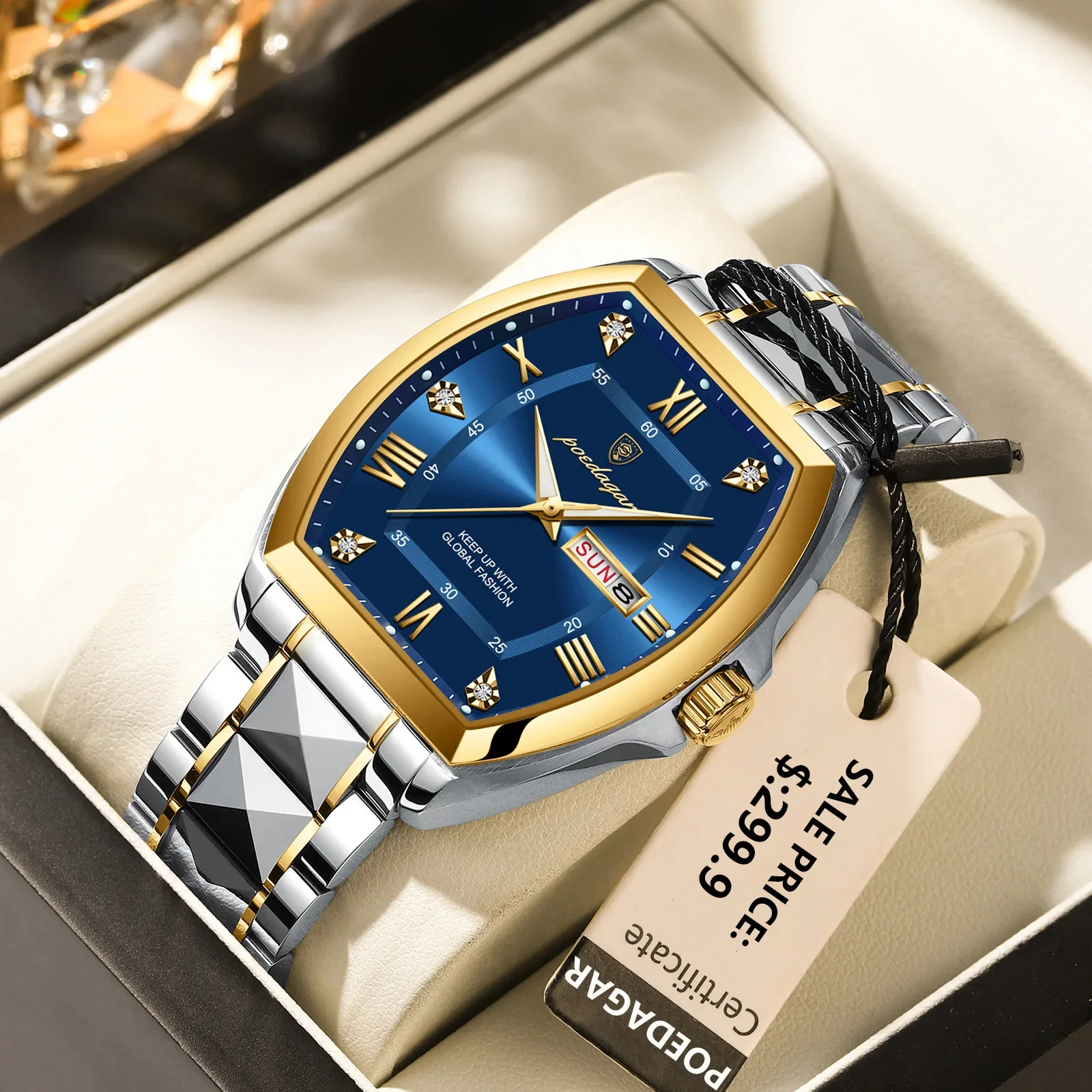 

POEDAGAR Luxury Stainless Steel Watches for Man Luminous Waterproof Date Week Men Watch Tonneau Case Men's Quartz Watches Reloj
