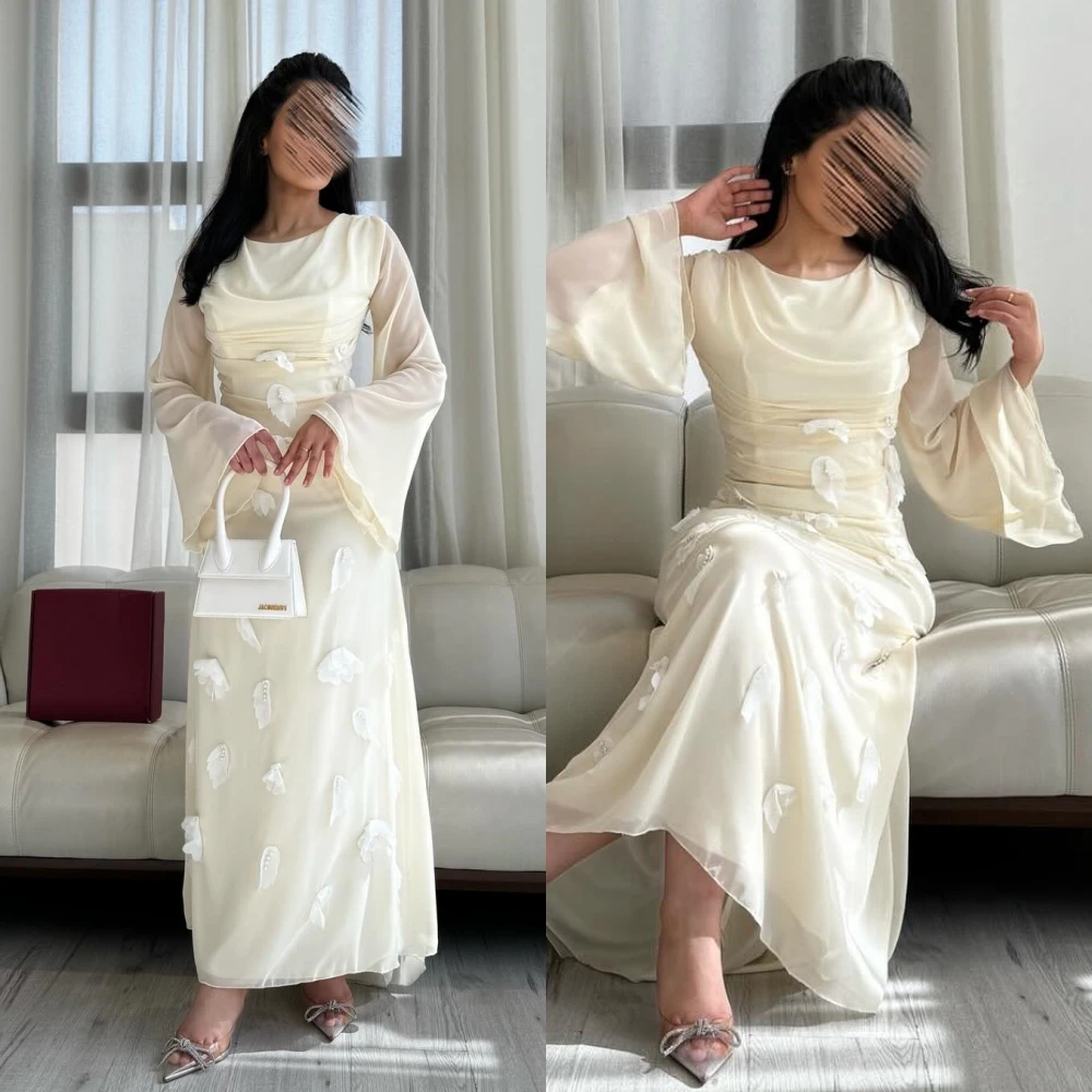 Prom Dress Saudi Arabia Satin Applique Pleat Ruffles Beach A-line O-Neck Bespoke Occasion Gown Long Sleeve Dresses