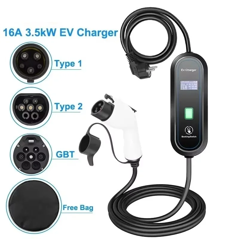 Portable 220V 230V Level 2 EV Charger Type 2 16A 3.5kW GBT Plug Car Charging Cable J1772 Type 1 Wallbox Electric Vehicles