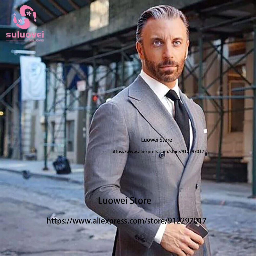Classic Double Breasted Tuxedo Suits For Men Slim Fit 2 Piece Pants Set Formal Groom Wedding Party Peaked Lapel Blazer Masculino