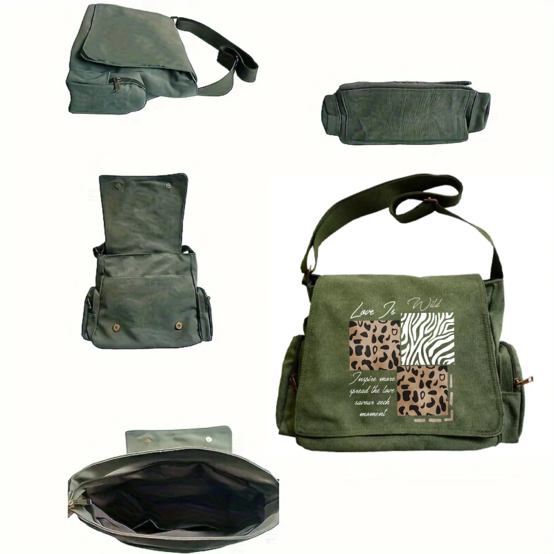 Vintage Women's Shoulder Bag Canvas Leopard Print Large Capacity Crossbody Bag Messenger Bag for Travel