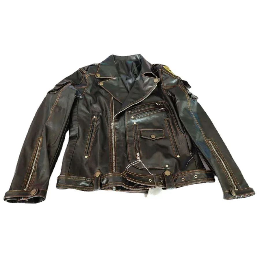 

Классические мотоциклетные кожаные куртки, Мужская весенняя куртка, облегающее пальто на молнии с несколькими карманами, однотонное пальто из натуральной кожи
