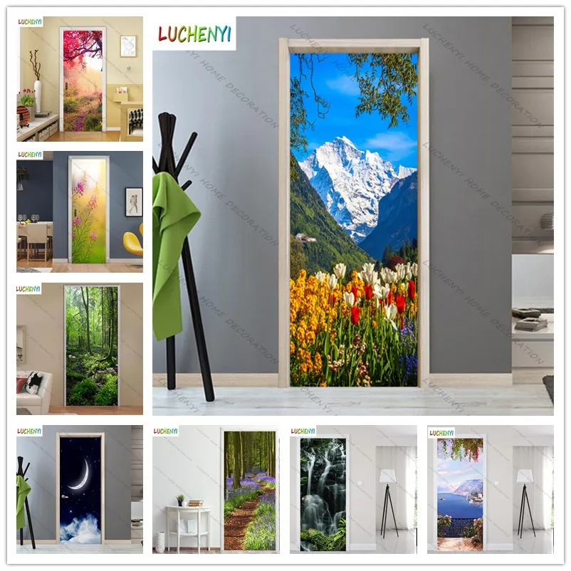 

Декоративные дверные наклейки papel de parede, настенные фрески, лесные деревья, цветы, самоклеящиеся обои с пейзажем