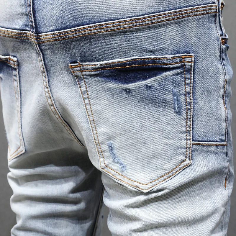 High Street Fashion Men Jeans Retro Light Blue Elastic Skinny Fit Ripped Jeans Men Patched Designer Hip Hop Brand Pants Hombre