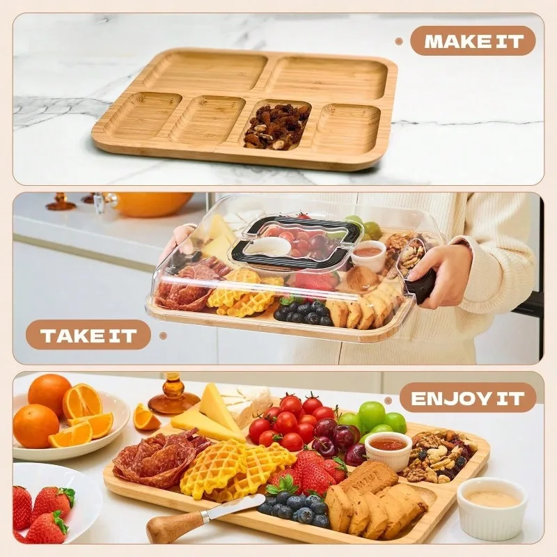Bamboo Cheese Tray With Safety Sealed Acrylic Lid - Portable Bamboo Snack Plate For Camping,Parties And Restaurants.Suitable For