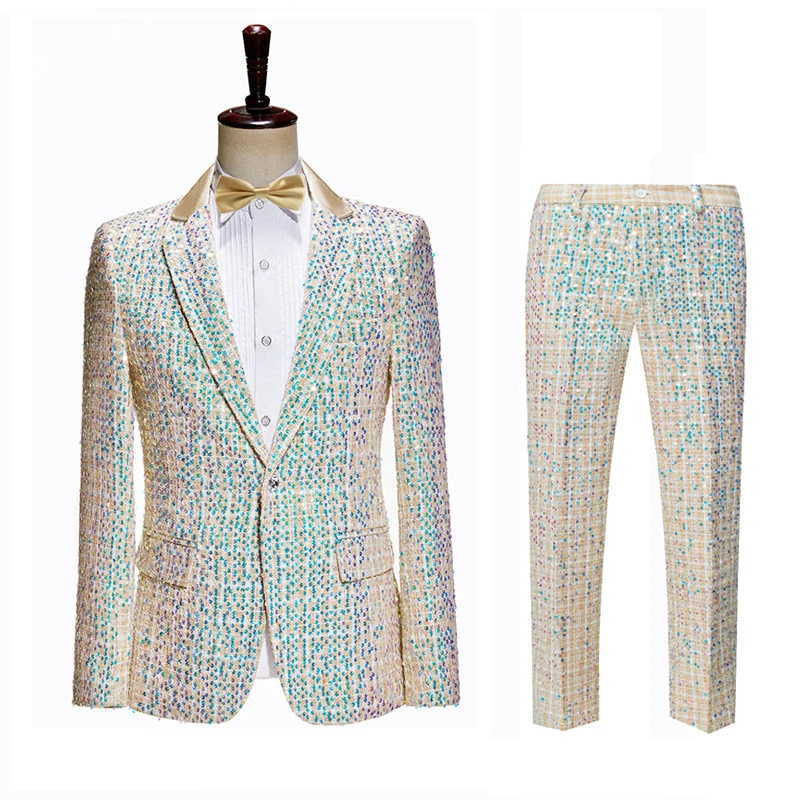 

New Fashion Men's Slim Champagne Sequins Suits Banquet Concert Host Formal Dress Party Show Stage Performance Set