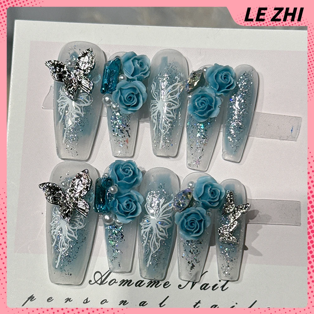 

Detachable Chinese Style Grace Full Cover Nail Tips Stereoscopic Butterfly Rose Fine Flash Design Wearable Birthday Gift Nails
