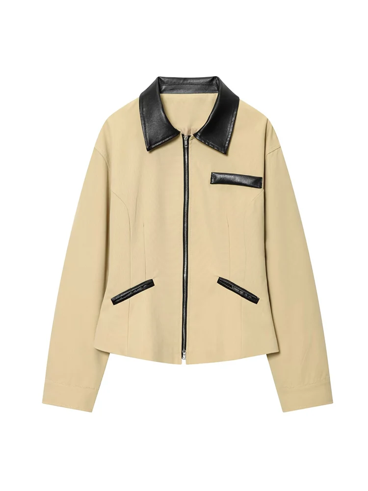 Autumn New Women's PU Leather Splicing Short Jacket Long Sleeve Slim Fit Temperament Top Female Chic Lapel High Street Outwear