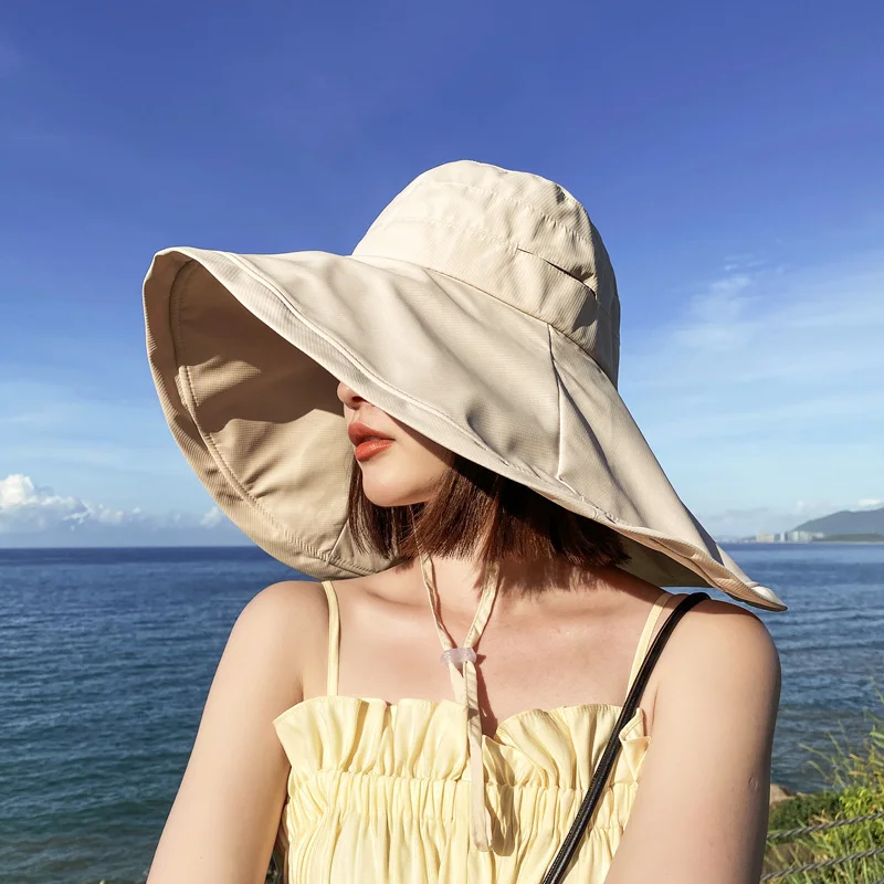 Large Brim 18cm Sun Hat with String Women UV Protection Female Outdoor  Fisherman Cap Fold Summer Beach Solid Bucekt Hat