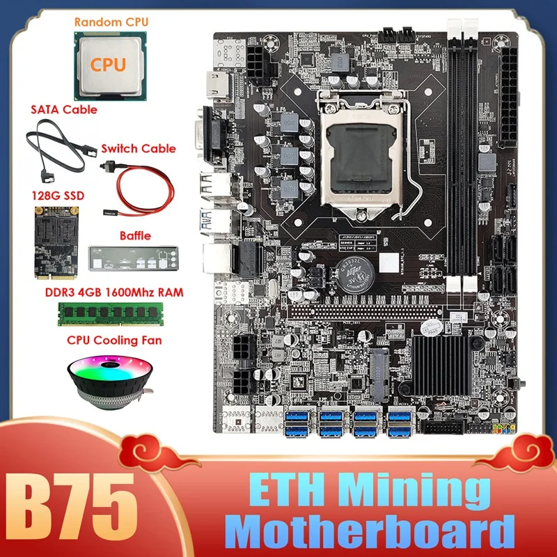 B75 8usb Eth Mining Motherboard+cpu+ddr3 4gb Ram+128g Ssd+fan+sata