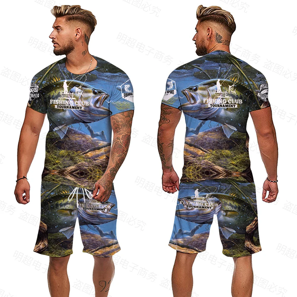 Fishing 3DT Shirt Men's Suit Casual Short Sleeves 3D Printed Funny Harajuku Fashion Outdoor Clothes Male Fish Pattern + Shorts