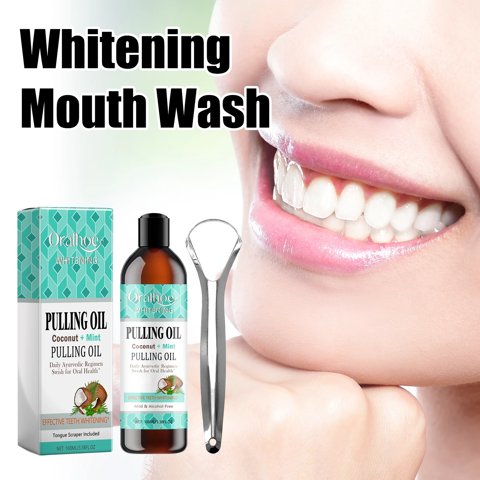Coconut Mint Pulling Oil Mouthwash Kit With Tongue Scraper Fresh Oral Breath Odor Removal Alcohol-Free Whiten Tool Mouth Care