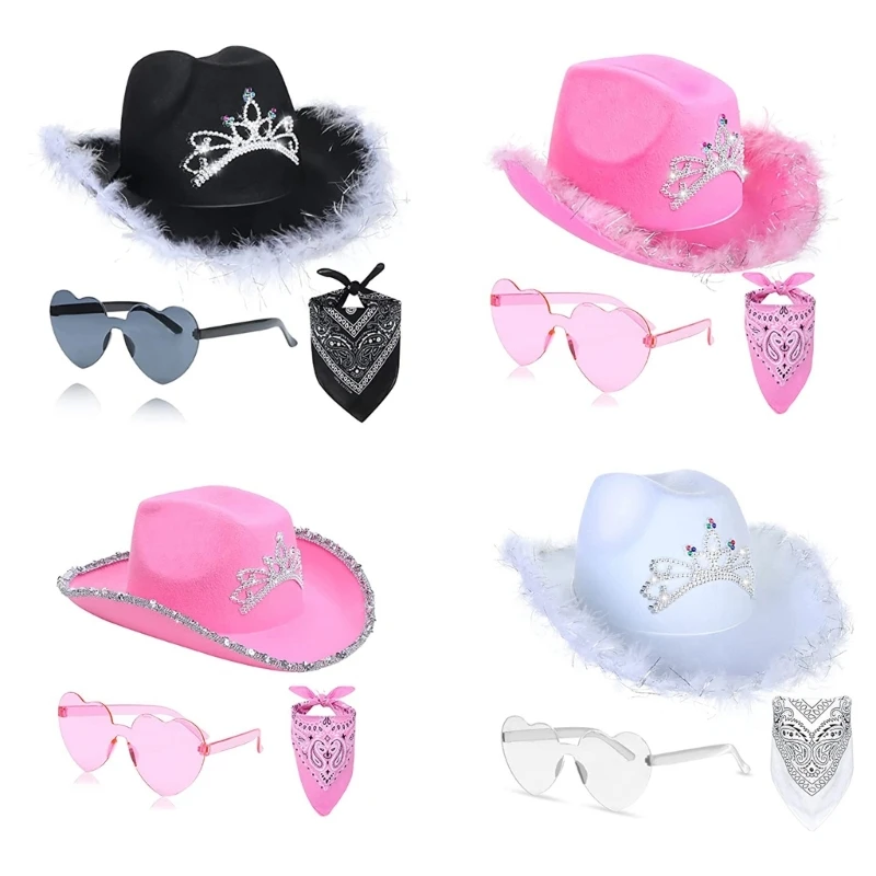 

Cowboy Hat Sunglass Travel Western Hat Outdoor Bandana Glasses Pink Cowgirl Unisex Wear