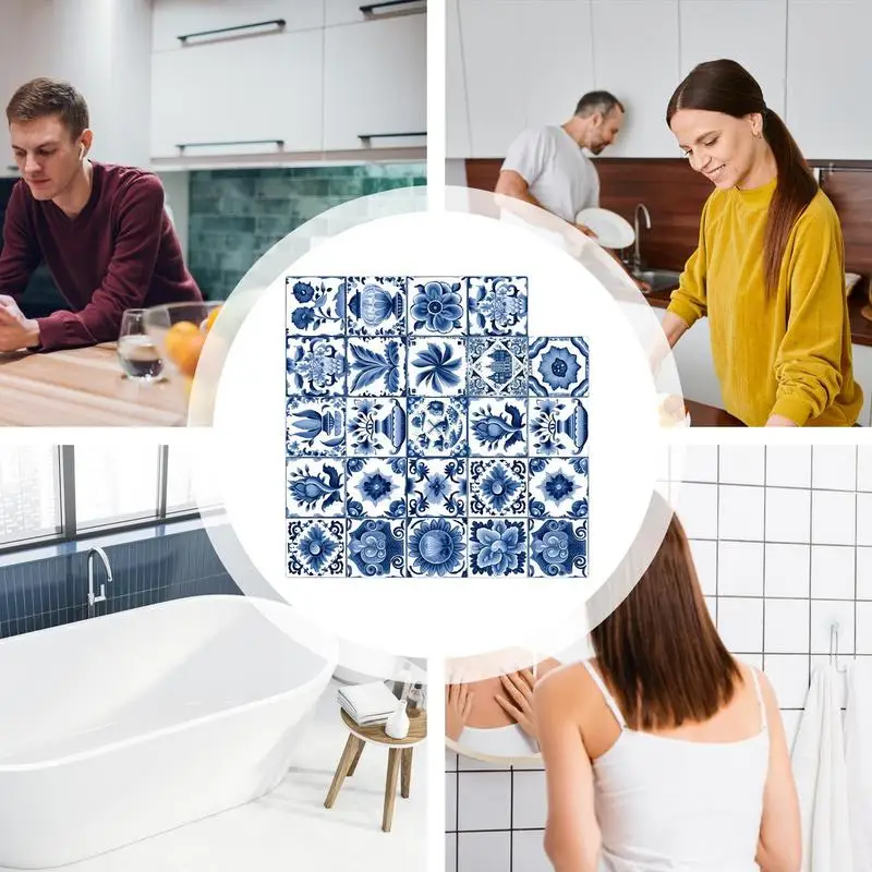 24pcs Waterproof Portuguese Blue Pattern Bathroom Kitchen Living Room Home Decor Portuguese Style Tiles Wall Stickers wall stickers