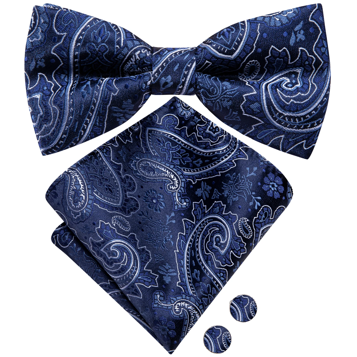 

Hi-Tie Navy Blue Mens Bow Tie Pocket Square Cufflinks Set Pre-tied Silk Butterfly Knot Bowtie for Male Wedding Business Party