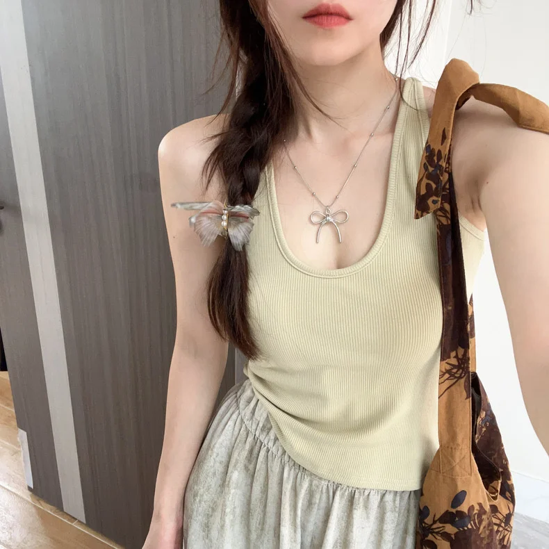 Retro U-Ne Hanging Strap Vest Women's Inner Wear Slim Fit Summer 2024 Simple Sle Versatile ort Nylon Spandex Tank Top