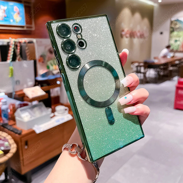 Glitter Luxury Magnetic Woman Case For Magsafe For Samsung Galaxy S24 S23 S22 Ultra Plus Accessories Wireless Charging Cover - For Galaxy S23Ultra, Light Green
