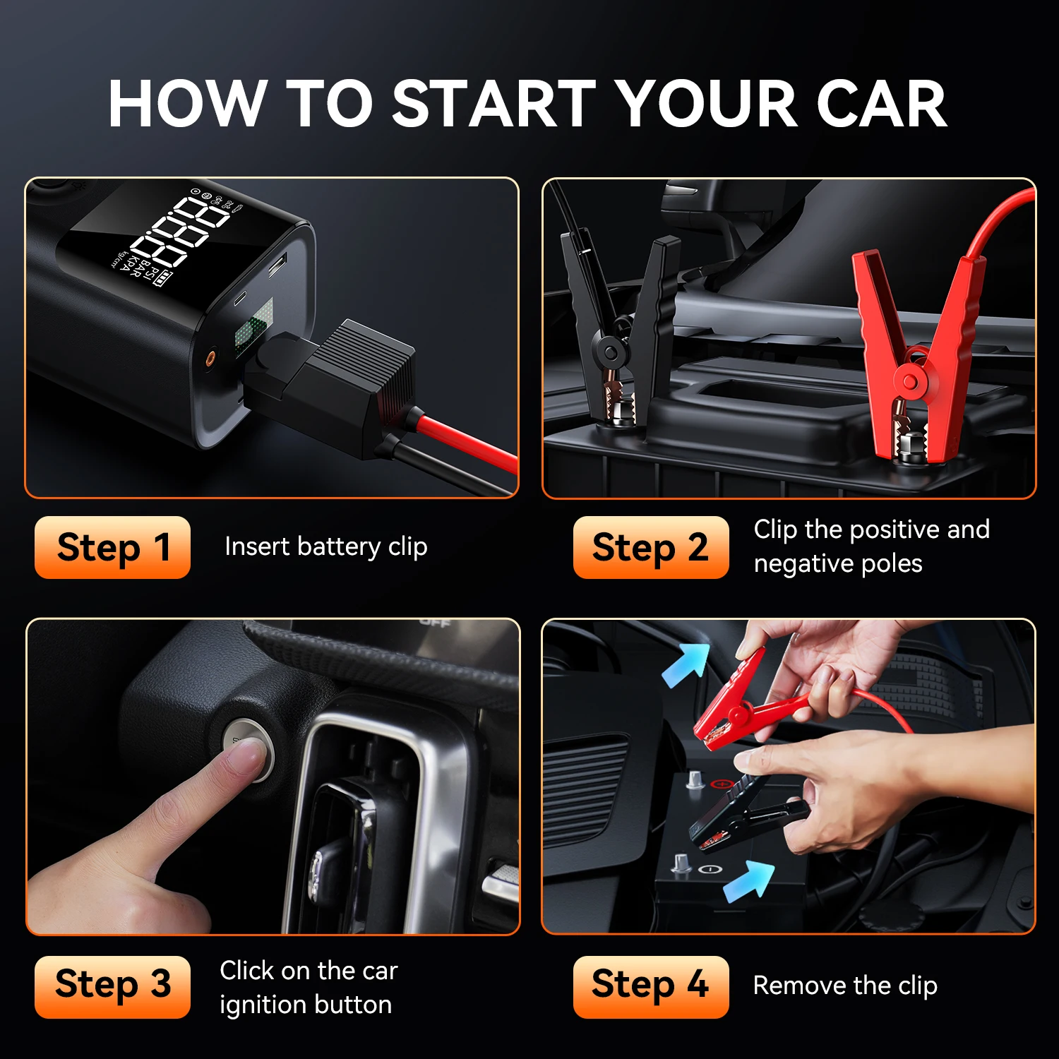 BUVAYE 4 In 1 2500A Avviatore di emergenza portatile Accumulatori e caricabatterie di riserva 150PSI Pompa d'aria Booster Batteria per auto 12V Batteria per auto Avviamento Powerbank - immagine 3