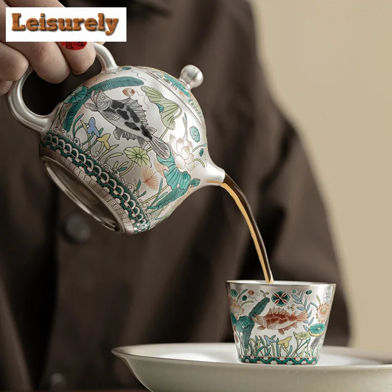 Gilded Silver Fish Algae Pattern Tea Set Complete Set Luxury Tea Ceremony Set Household Teapot and Tea Cup Set Teaset Ornaments