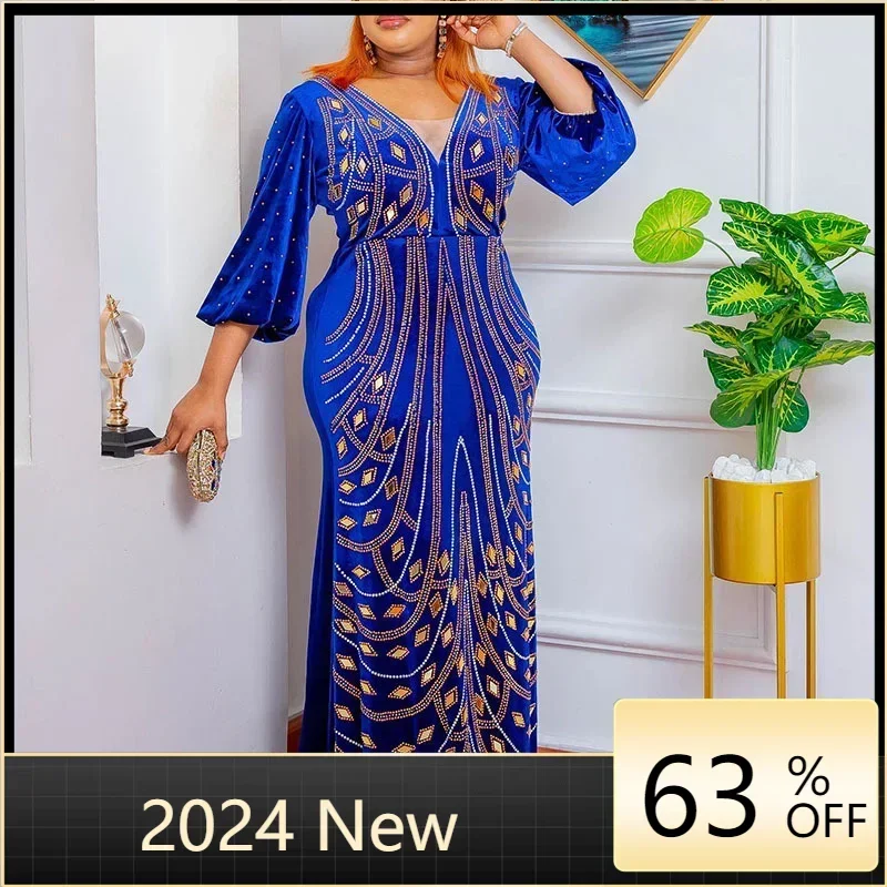 

Velvet African Dresses for Women Spring Autumn African 3/4 Sleeve Green Blue Long Dress African Clothes Women Dashiki Maxi Dress