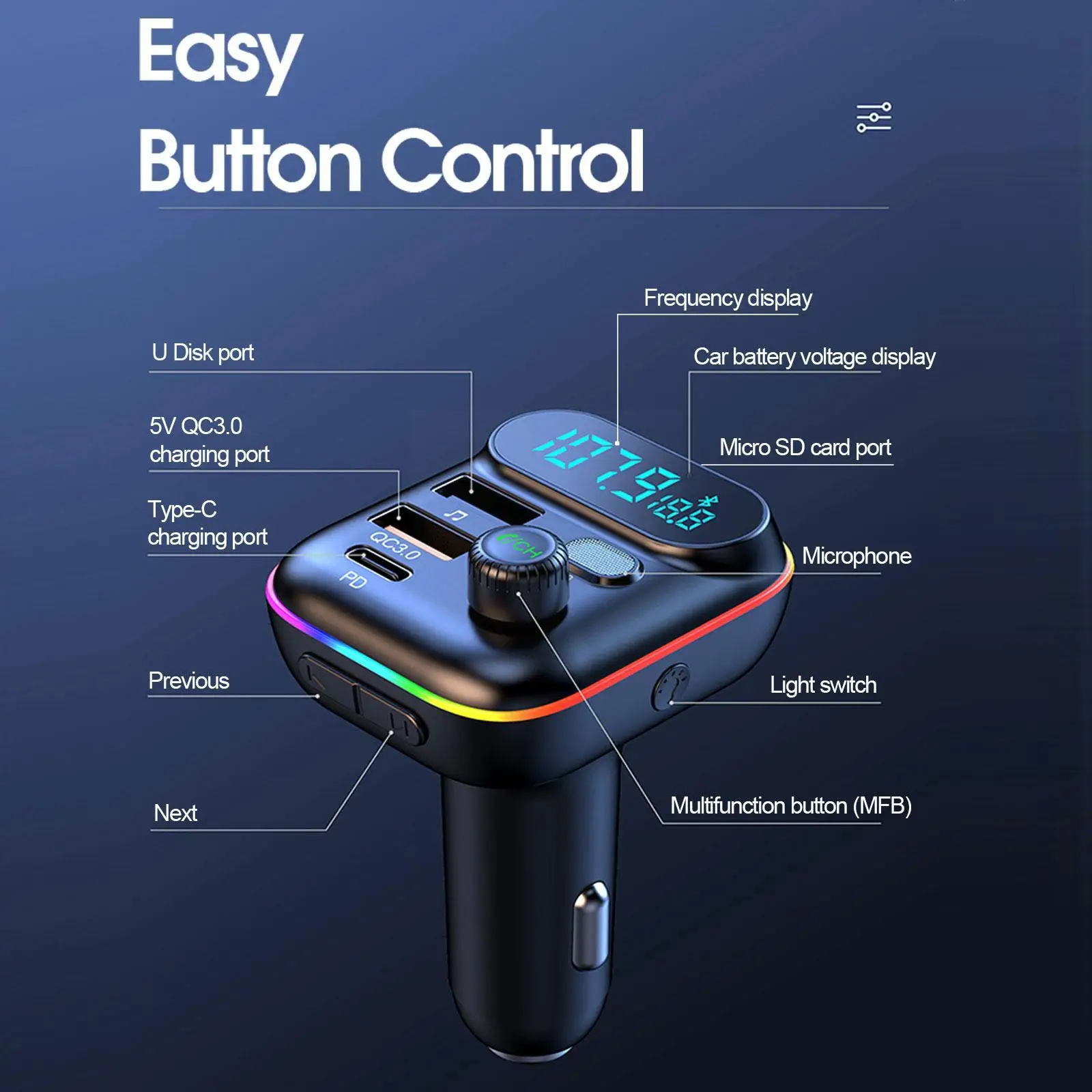 Car Bluetooth 5.0 FM Transmitter PD Dual Player Music Type-C Colorful Ambient MP3 Light Cigarette Lighter USB