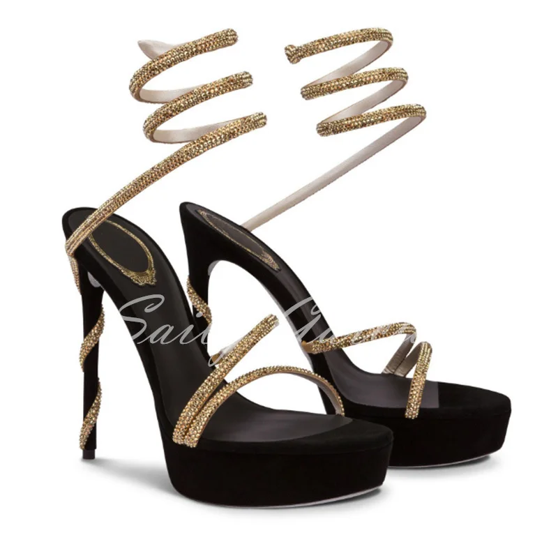 

Сандалии-гладиаторы, женская обувь, искусственная кожа, платформа, сексуальные женские туфли на шпильке, змеиная кожа, высокий каблук, летние сандалии с круглым носком