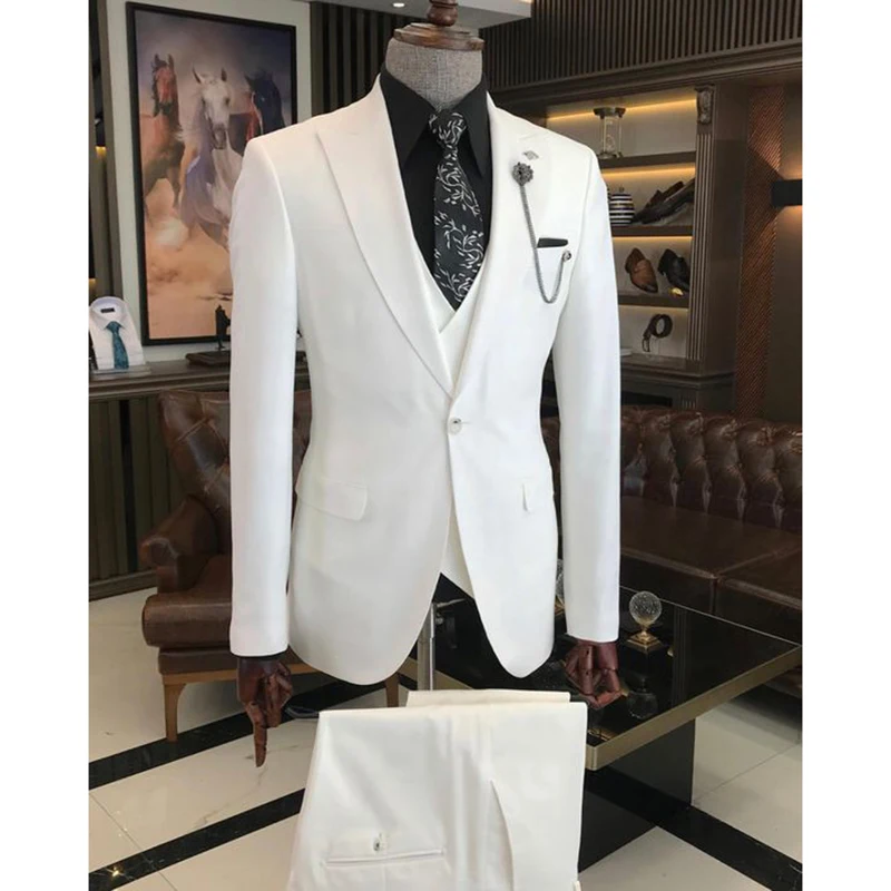 2023 White Wedding Suits For Men Slim Fit Peak Lapel 3 Pieces Formal Groomsmen Wedding Tuxedos Blazer+Vest+Pants Costume Homme