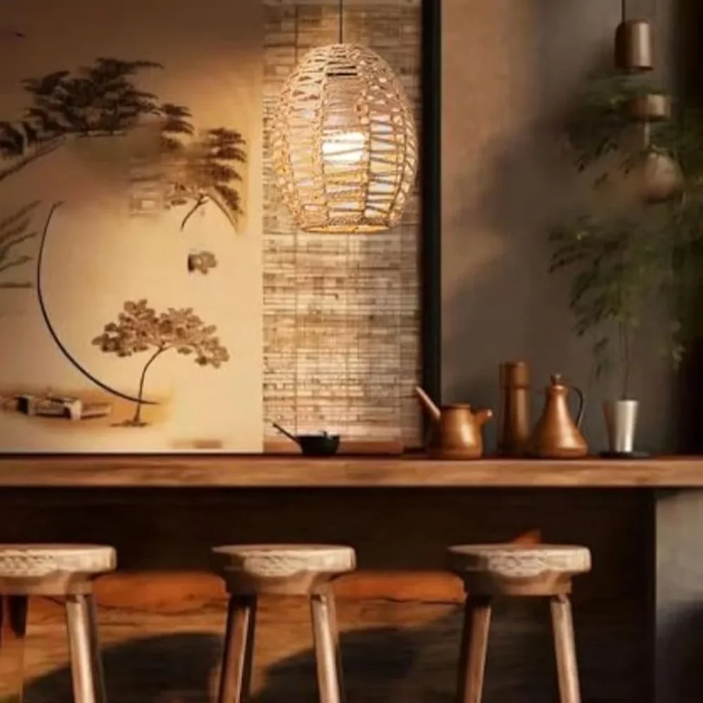 Boho Vintage Wicker Pendant Lamp Wabi-sabi Ceiling Hanging Light Fixture for Bedroom Living Room Kitchen Island E27 Household