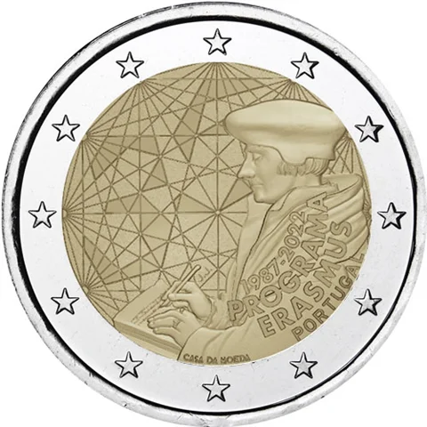 Portogallo 2022 Moneta Commemorativa Programma Internazionale 35 ° Anniversario 2 Euro Unc Nuovo Di Zecca