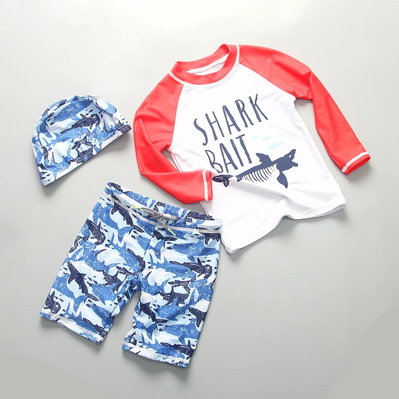 

2023 Outdoor Sport Children Swimwear Cartoon Boby Boy Swimwuit Top Shorts 3 Pcs Long Sleeve Kids Bathing Cltohes Teenage Wetsuit