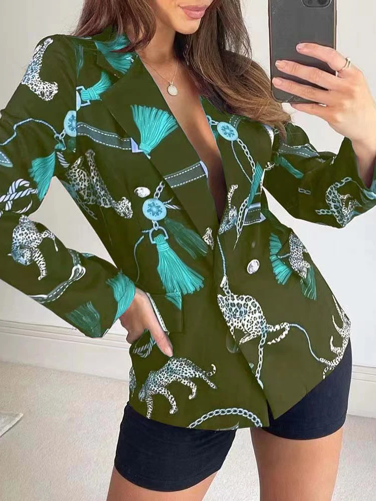 

2022 New Elegant Office Lady Coat American Stylish Vintage Leopard Irregular Printing Women Jacket High Street Fashion Blazer