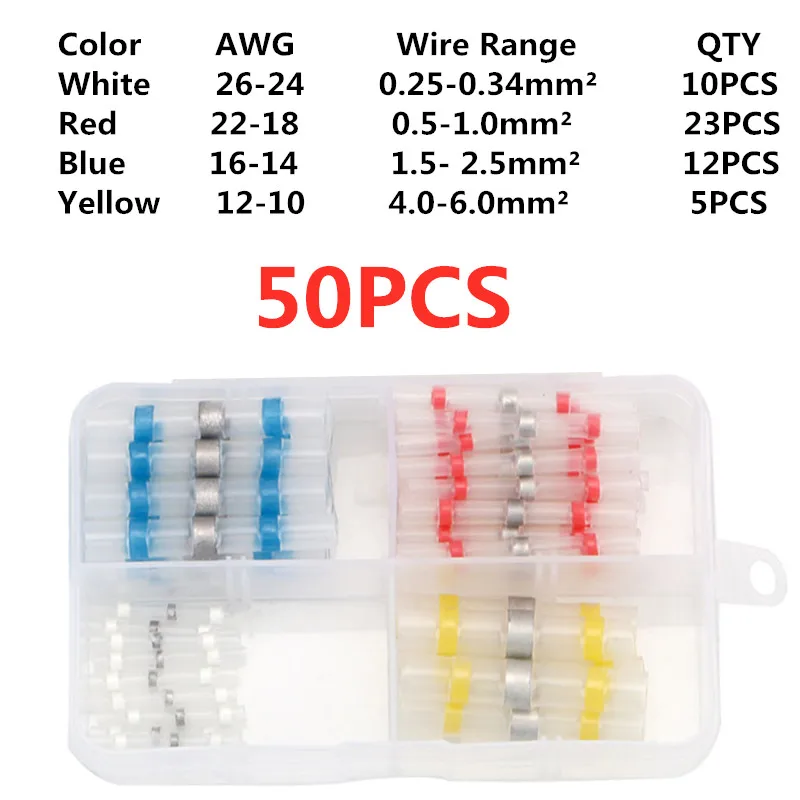 50 PCS Solder Terminals Kit Solder Seal Wire Connectors Heat Shrink Solder Butt Connectors Automotive Marine Insulated
