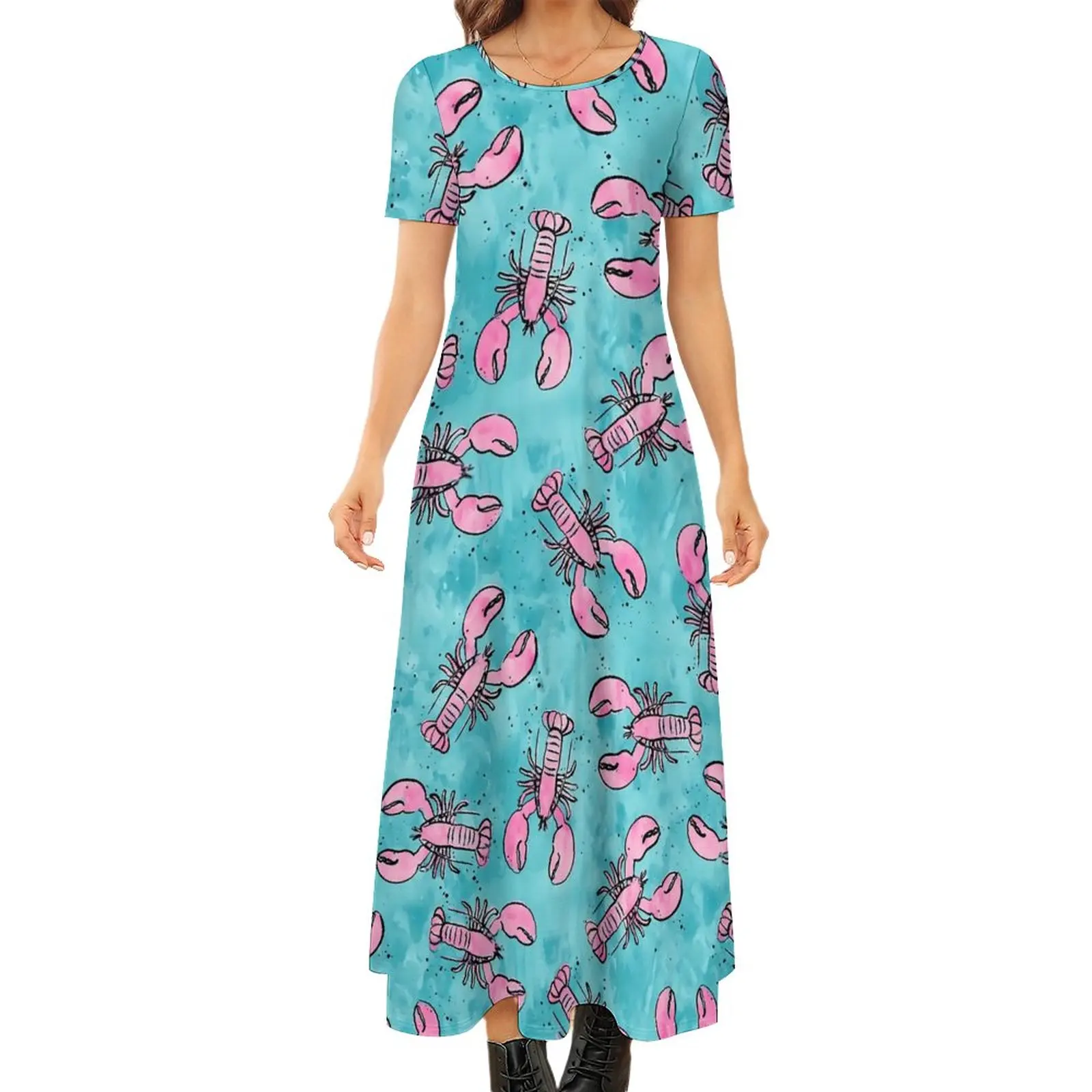 

Lobsters Print Dress Pink And Blue Vintage Maxi Dress Short Sleeve Street Wear Bohemia Long Dresses Female Big Size Vestidos