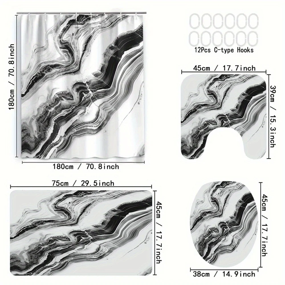 4pcs Black and White Texture Digital Print Polyester Waterproof Shower Curtain Set without Punching for Bathroom Separation 5