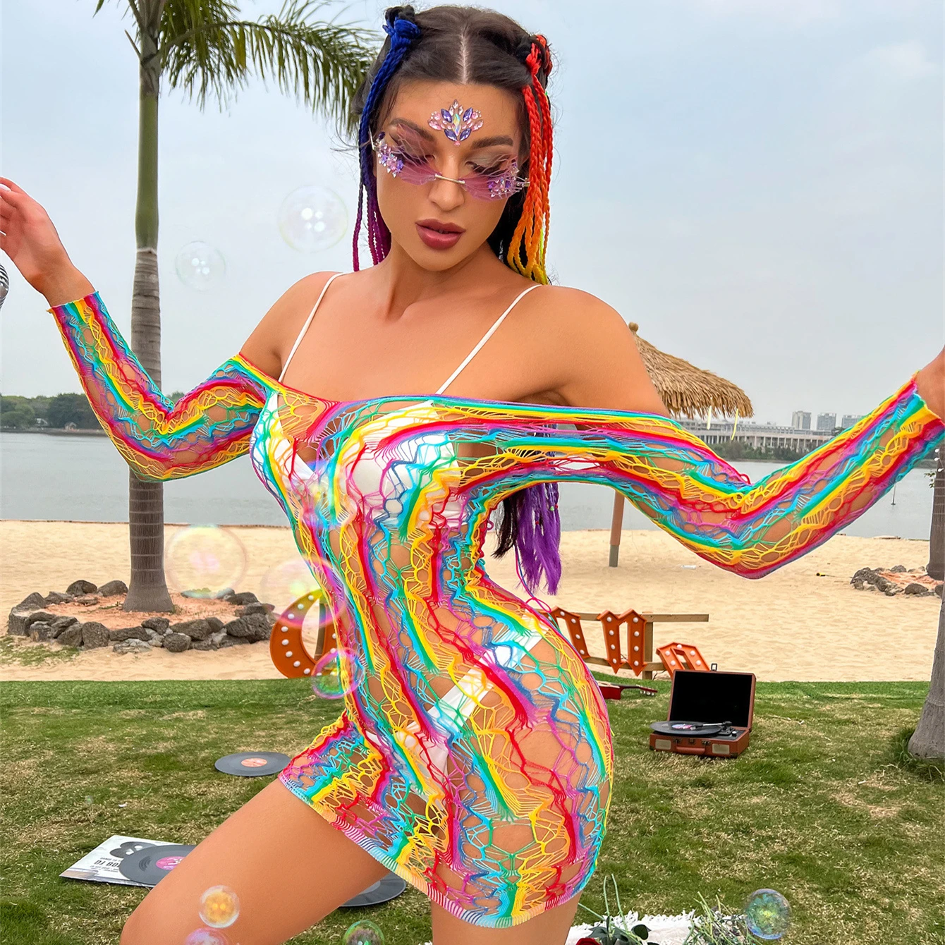 

2023 New Women Fishing Net Rainbow Lingerie Lady Sexy Fishnet Hollowed Bodysuit Costumes Female Erotic Mesh Body Stockings