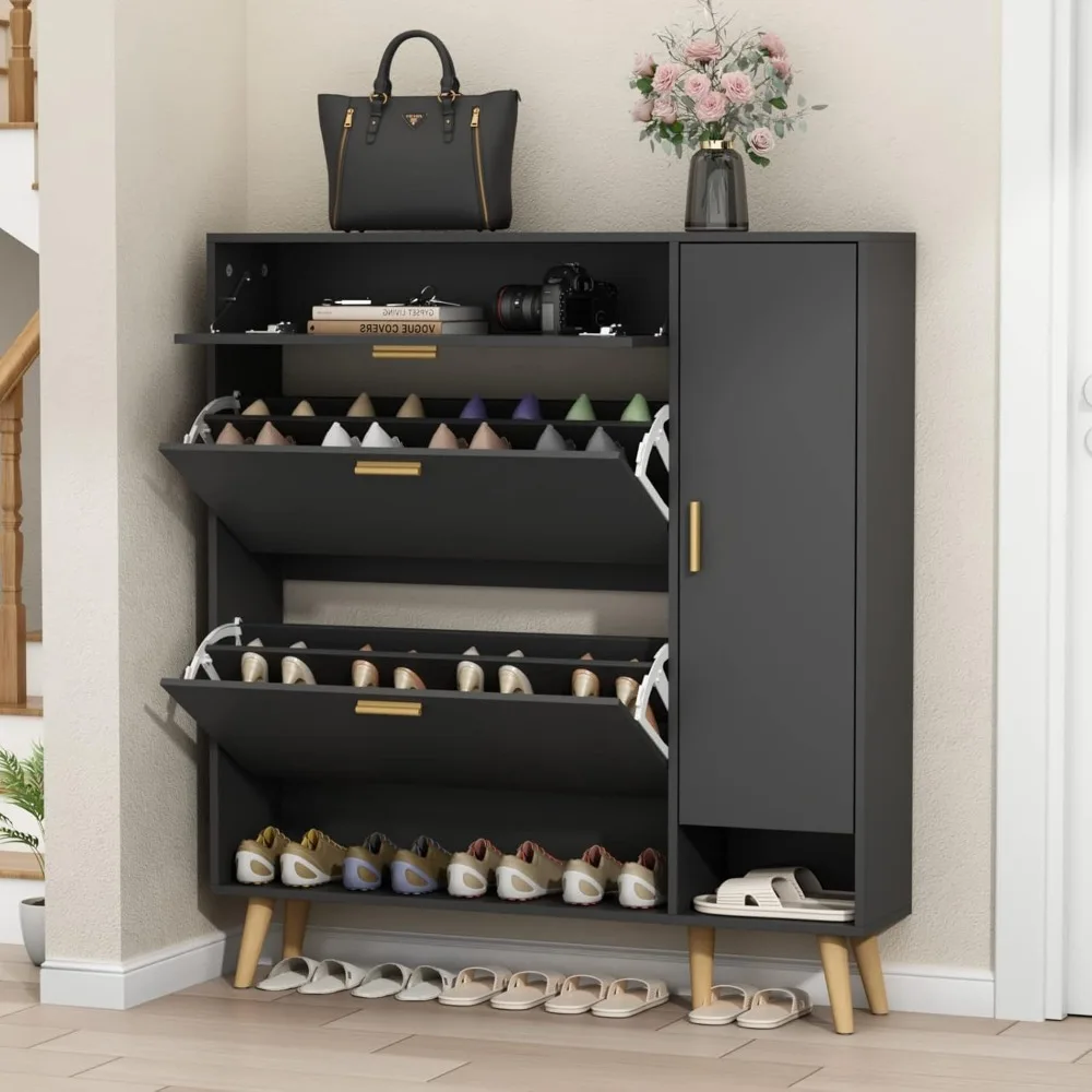 Shoe Rack Cabinet, Free Standing Shoes Storage Organizer Cabinet with 2 Flip Drawers, Entryway Narrow Shoe Rack Storage 4