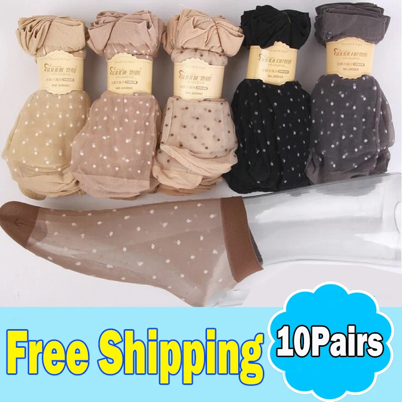 

10Pairs/lot Skin Color Transparent Thin Women Dot Crystal Silk Socks Nylon for Ladies Female Summer Short Ankle Silk Socks Meias