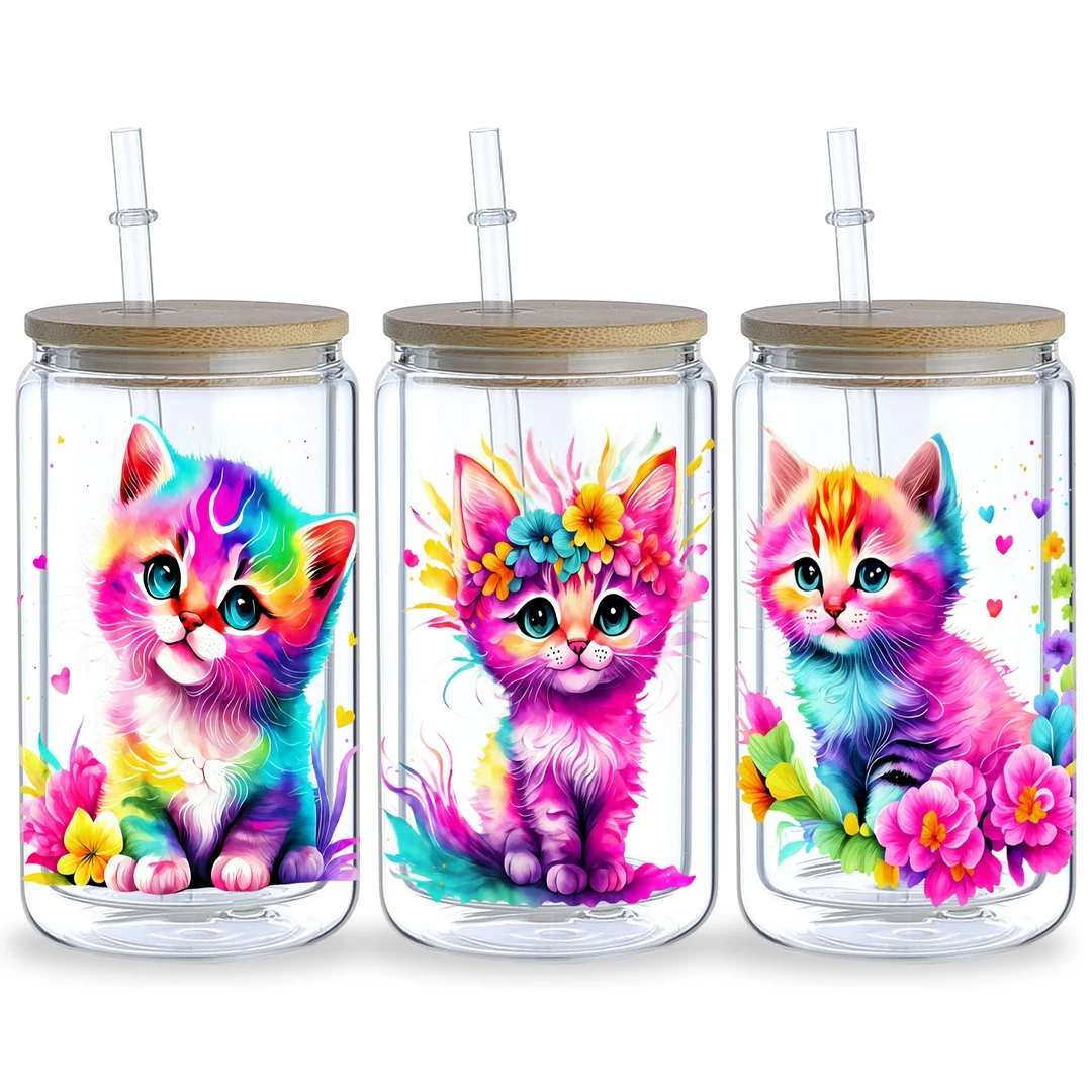 14pcs Cute Flower Cat UV DTF Transfer Stickers Waterproof for DIY Crafts 16 oz glass