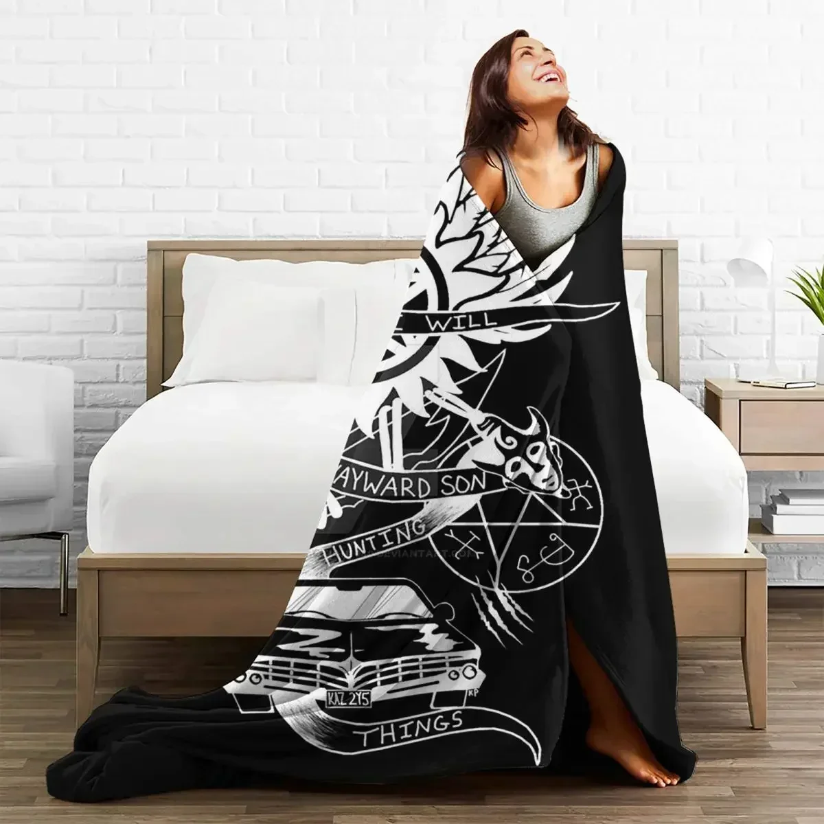 Carry On My Wayward Son Blanket Cover Flannel Supernatural Movie Symbols Ultra-Soft Throw Blanket for Airplane Travel Bedspread 3