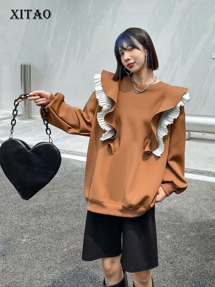 

XITAO Ruffle Sweatshirt Fashion New Women Solid Color Pullover Goddess Fan Casual Style Loose 2024 Spring Minority GWJ0975