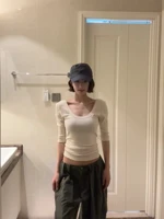 Slim Fit U-Ne mid Sve White T-irt Women's Spring Autumn New Sle Casual Cotton ort Top High Waist Printed Tee