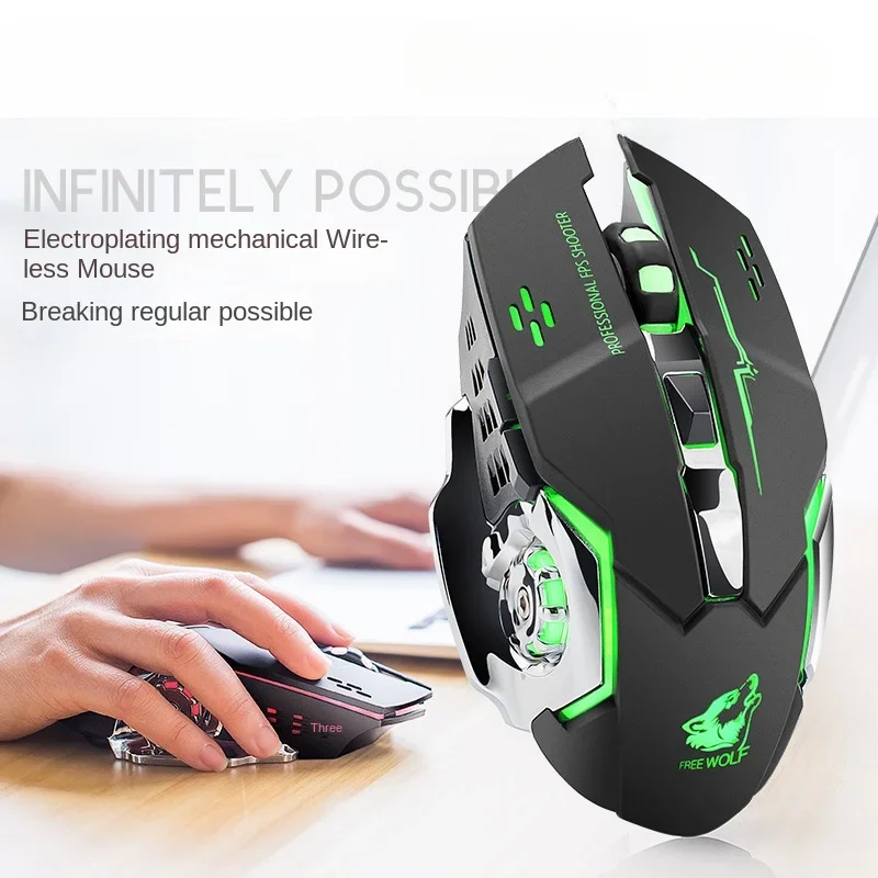 Free Wolf X8 Wireless Game Mouse Mute Backlit Mechanical Mouse Ergonomic Charging Optical for PC Laptop Desktop