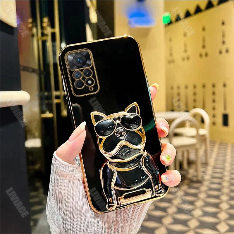 Étui de support de placage de bouledogue pour lunettes de soleil, pour Xiaomi Redmi Note 11 8 9 Pro Max 10 12 10s 11s 9A 9T 9C Nfc 4G 5G_voghion.com