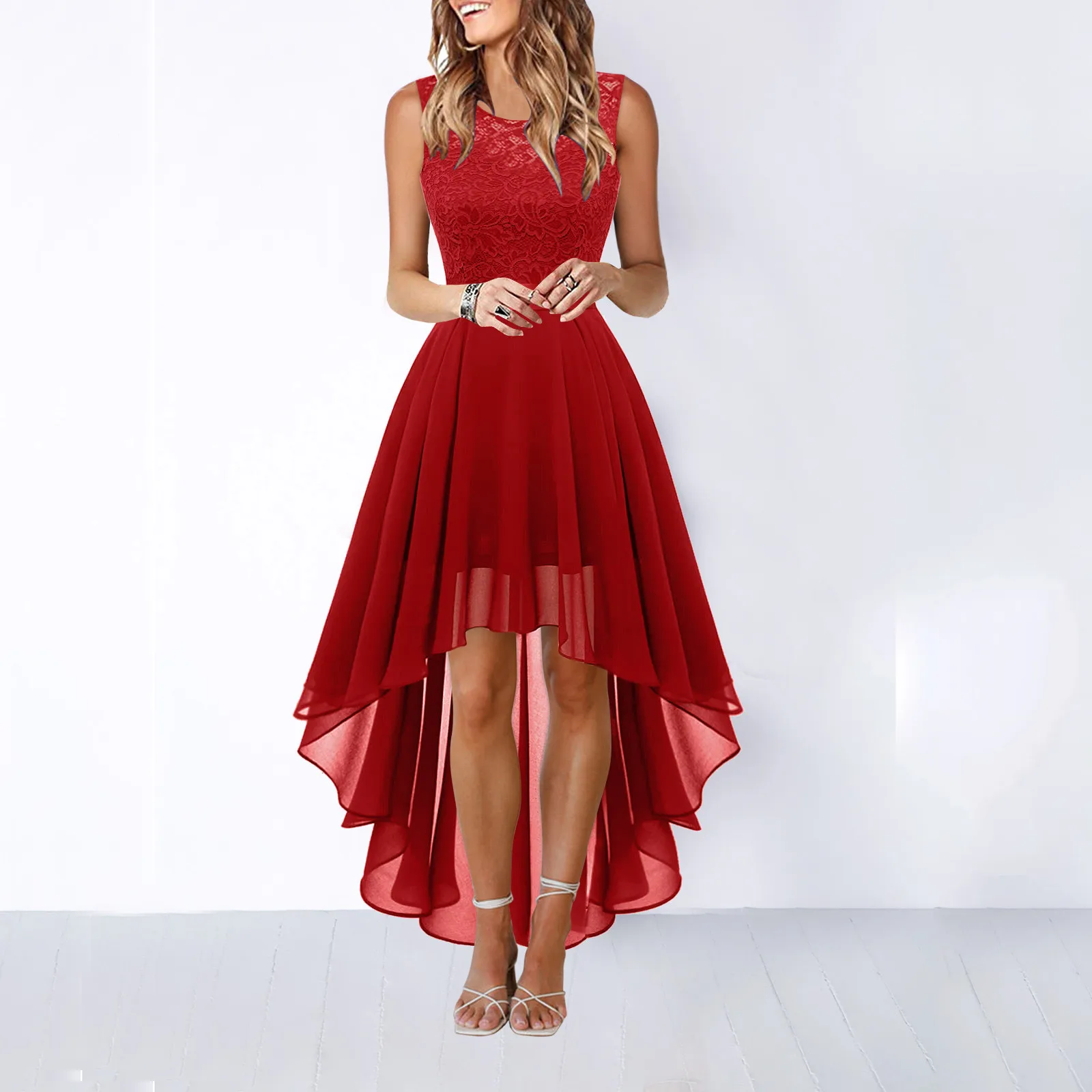 Women\'s Lace Dress Bow Belt Elegant Irregular Length Dress Sleeveless Chiffon Dress Women Bridesmaid Cocktail Short Dresses