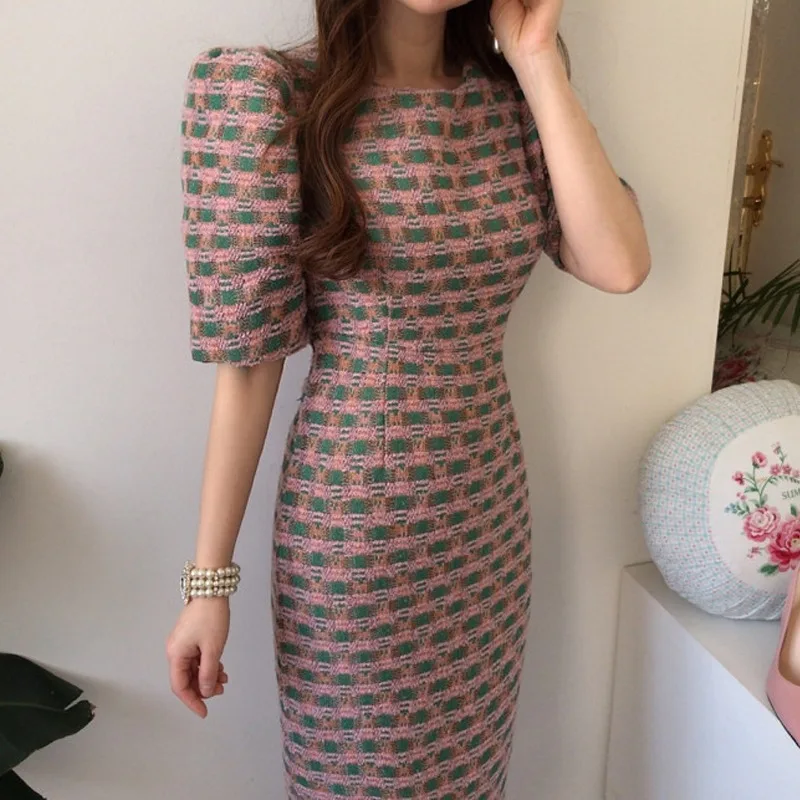 

Chic Pink Printed Dress Woman Short-sleeve 2023 Summer Korean Elegant Slim Waist Plaid Vestidos Back Bow Vintage Dresses Female